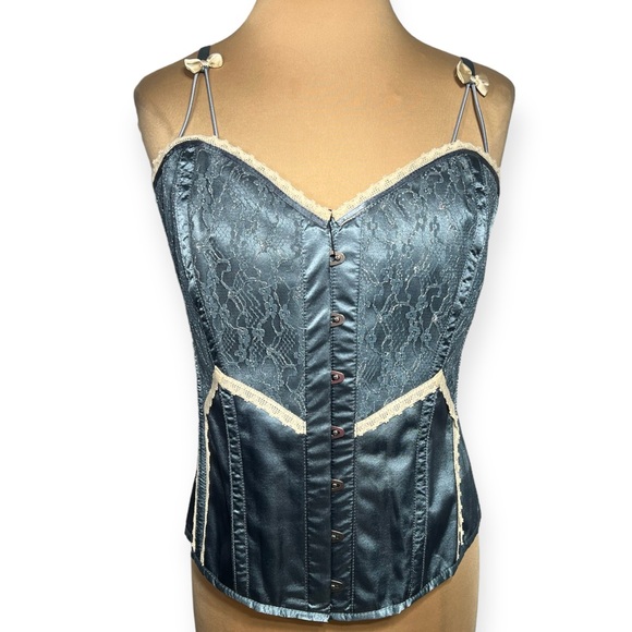 CORSET STORY ANTIQUE DUSKY BLUE SATIN OVERBUST CORSET US SIZE 20 2X - Picture 4 of 16